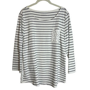 Talbots Womens Knit Top Large White Striped Polka Dot 100% Cotton 3/4 Sleeve